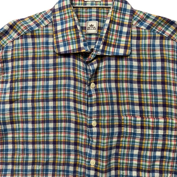 Peter Millar Shirt Mens Size L Long Sleeve Button 100% Linen Plaid Multicolor - Picture 3 of 4